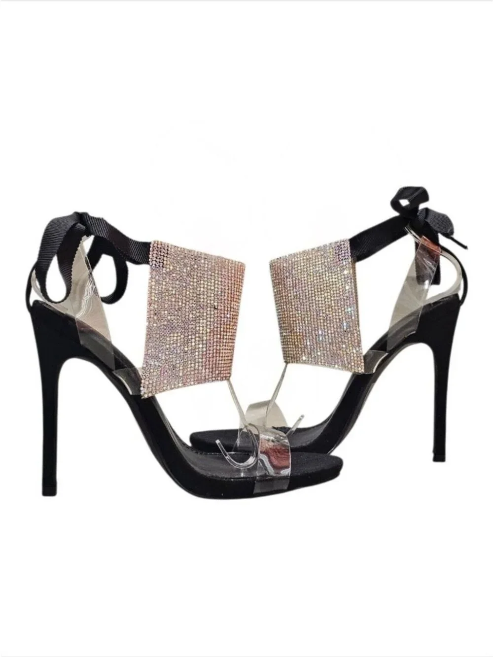 Black High Heel Sandals With Rhinestone Embellished Panels Clear Straps & Ribbon
